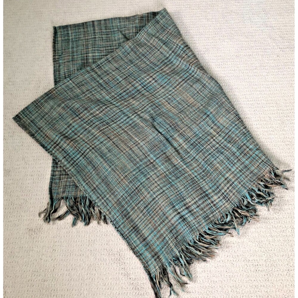 Alexander Julian Wool Throw Blanket Blue Brown Plaid Tan Fringe Vintage 60 X 54”